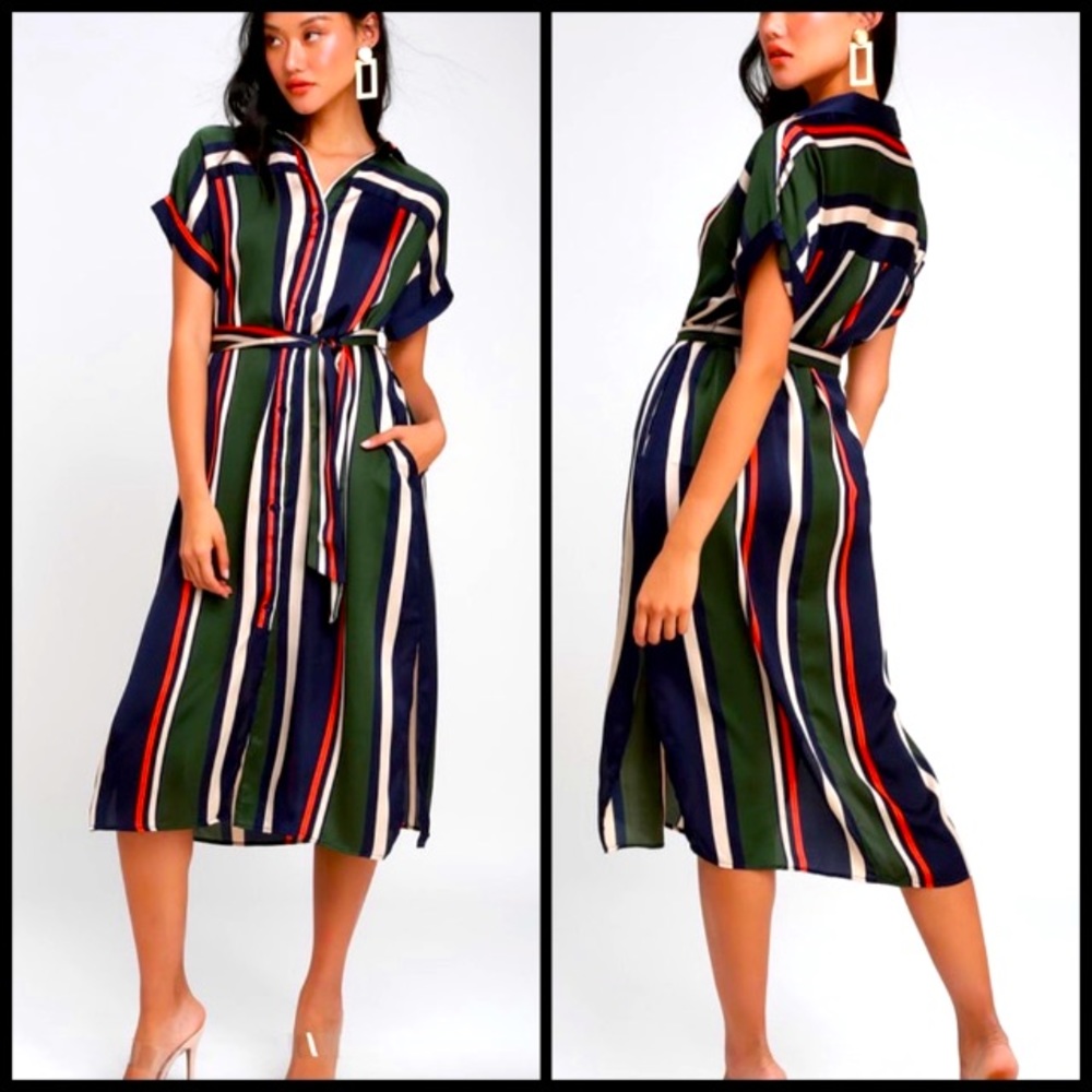 Lulus Navy Blue and Green Striped Midi Dress Sz S